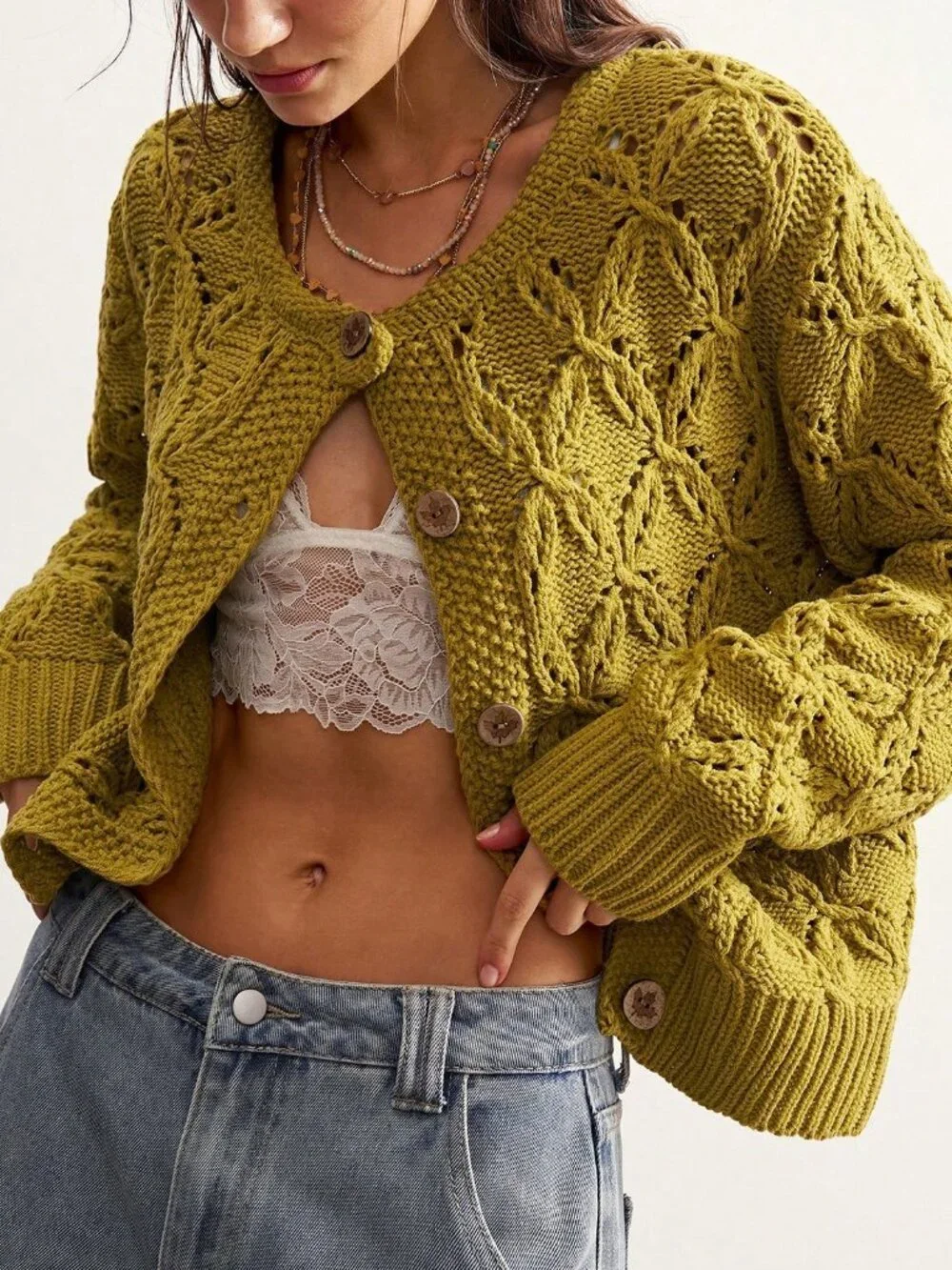 Green Casual Women's Heavy-Duty Hollow Knit Cardigan